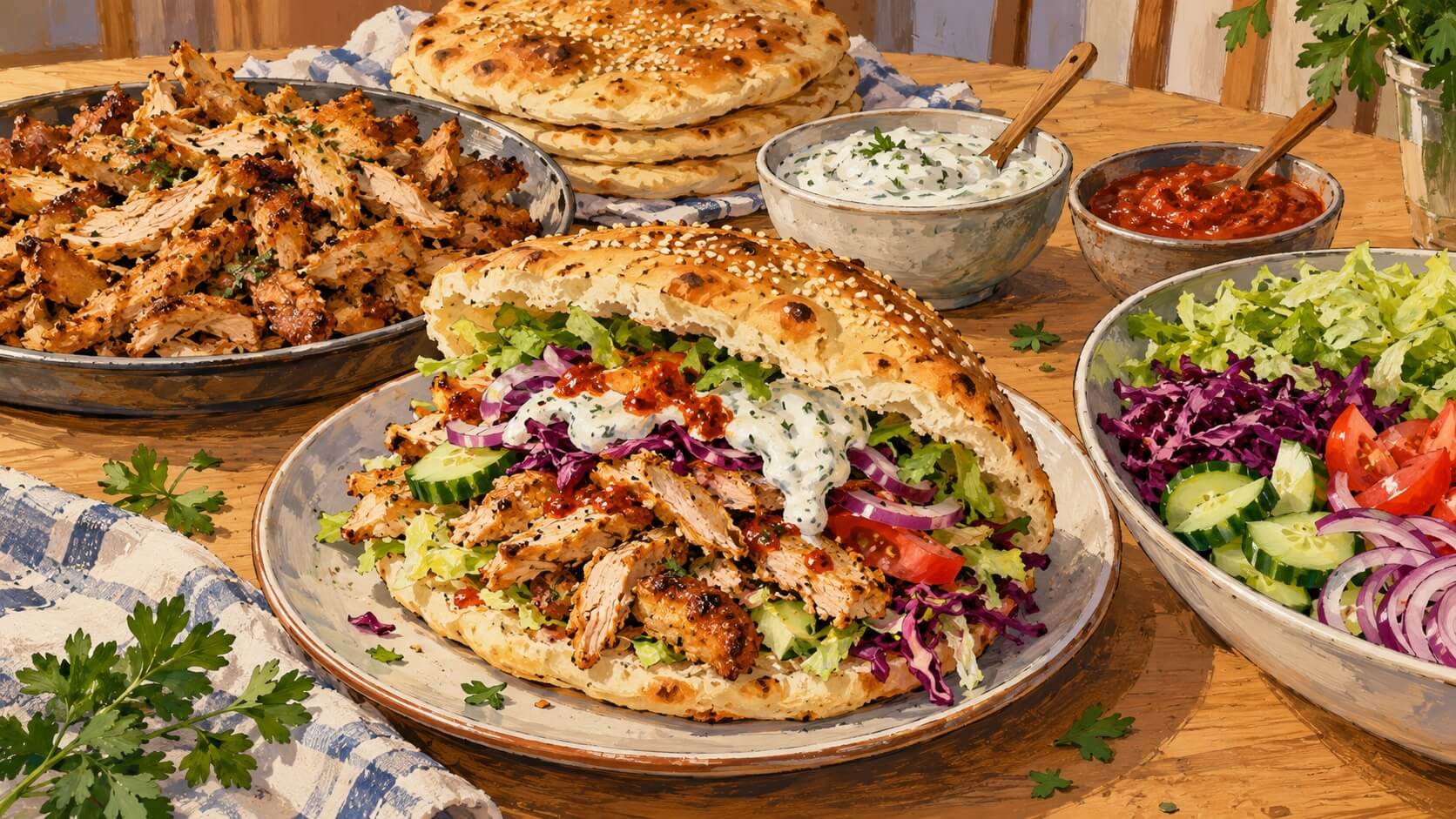 Illustrierter Hähnchendöner im Sesambrot mit Salat und Rotkohl, daneben Brot, gebratenes Fleisch und zwei Soßen.