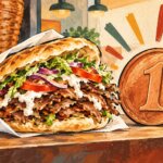 Gemalte Illustration: Ein Döner in Papier neben einer großen abstrakten Kupfermünze mit der Zahl 1 auf einem Imbisstresen.