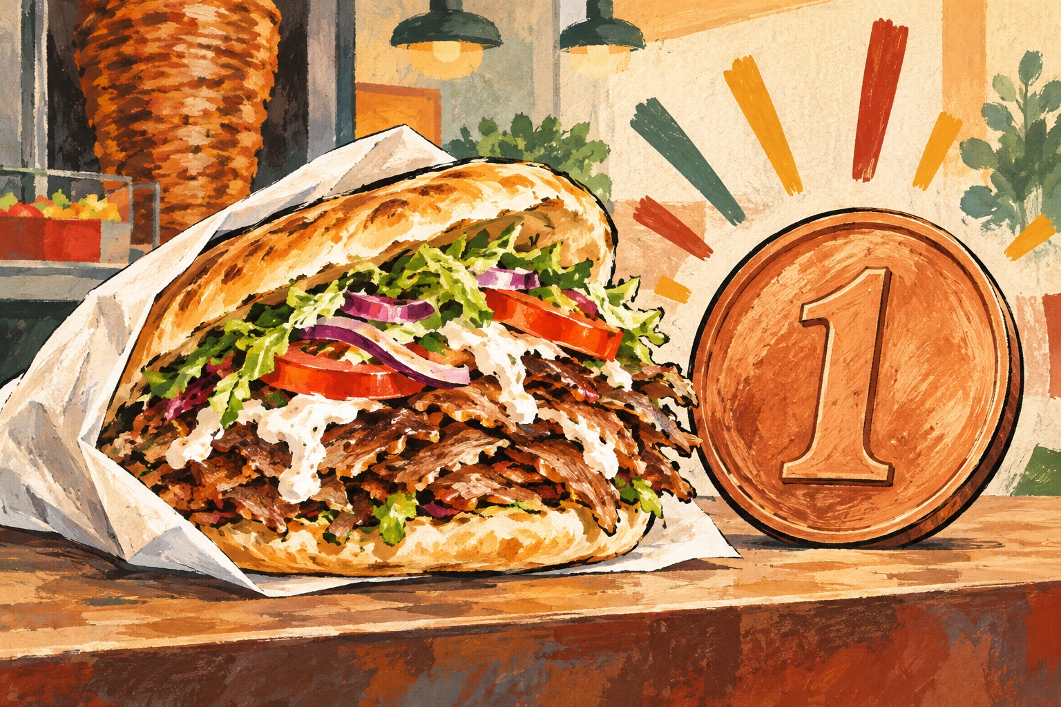 Gemalte Illustration: Ein Döner in Papier neben einer großen abstrakten Kupfermünze mit der Zahl 1 auf einem Imbisstresen.