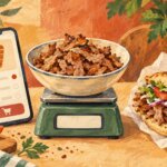 Gemalte Illustration: Dönerfleisch in einer Schale auf einer Küchenwaage, daneben ein Bestelltelefon und ein Döner.