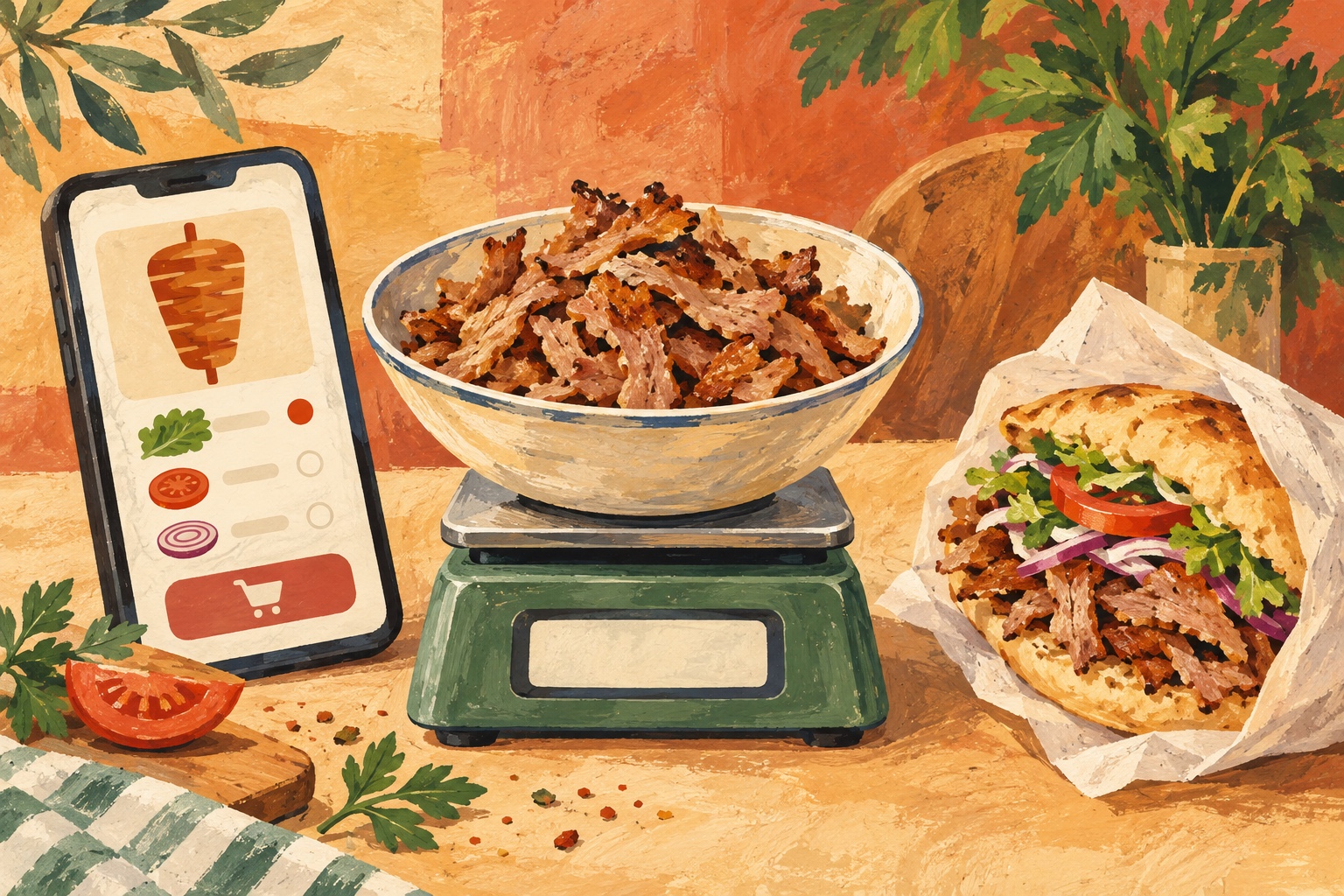 Gemalte Illustration: Dönerfleisch in einer Schale auf einer Küchenwaage, daneben ein Bestelltelefon und ein Döner.